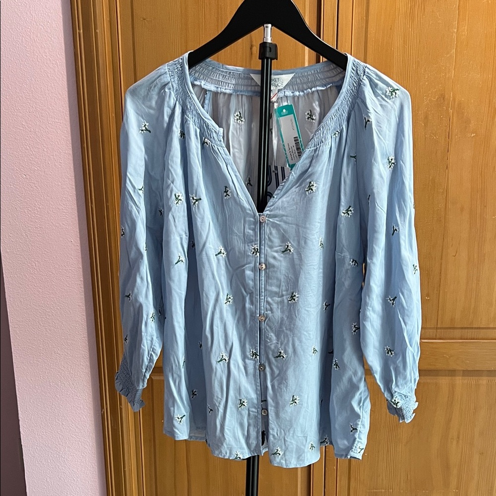 Market & Spruce Light Blue Embroidered Button-Front Blouse